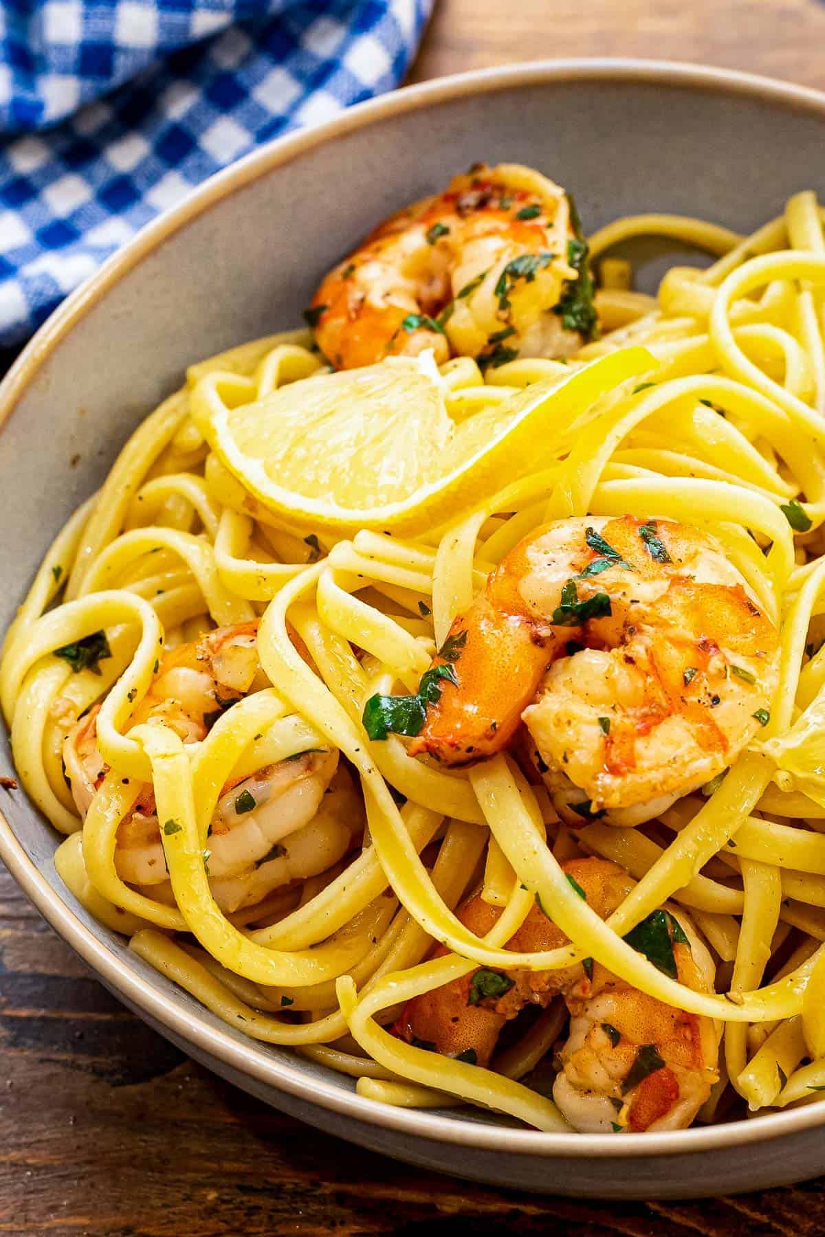 Bowl of shrimp scampi with linguine