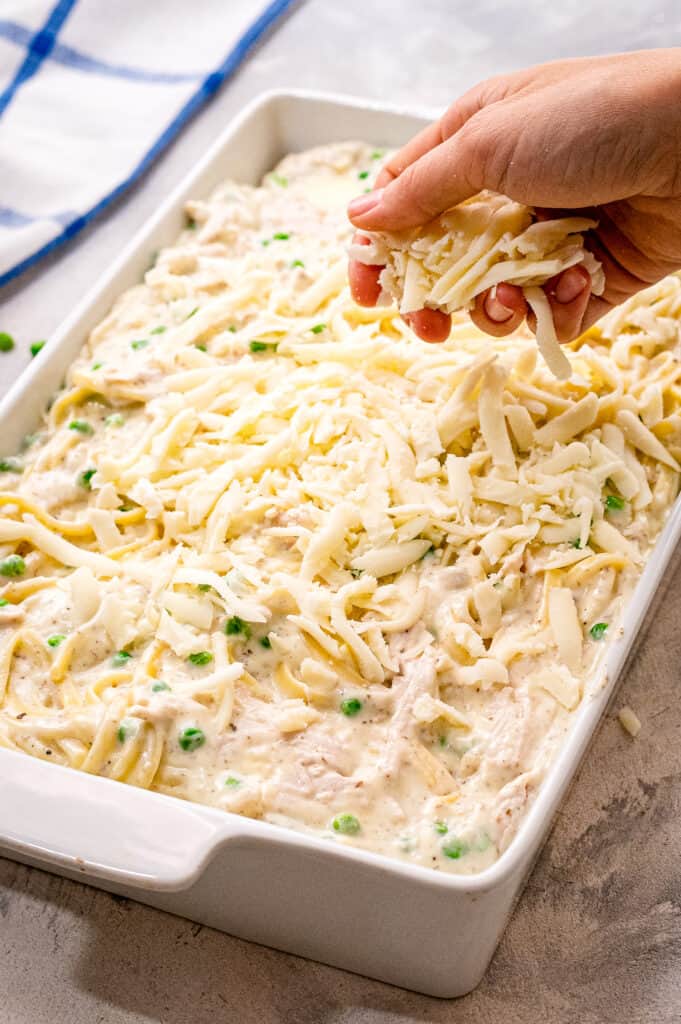 Sprinkling mozzarella cheese over tetrazzini  casserole