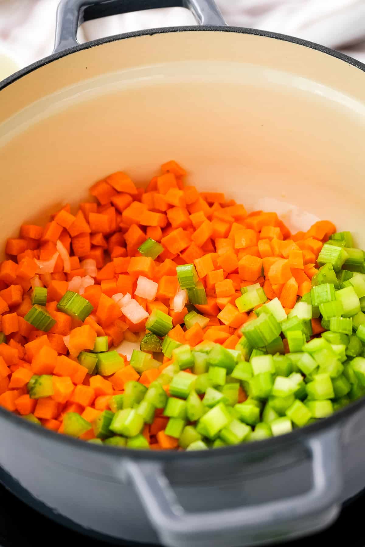 Dutch oven with chopped carrots and celery