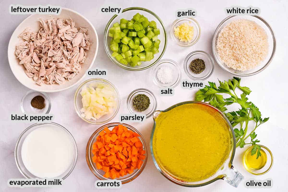 Overhead image of Turkey and Rice Soup Ingredients