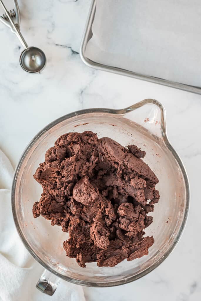 Chocolate Thumbprint Cookie Dough in glass bowl