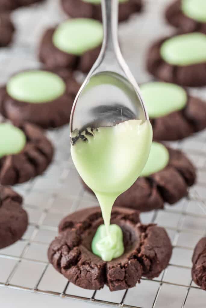 Adding mint fudge to chocolate thumbprint cookies