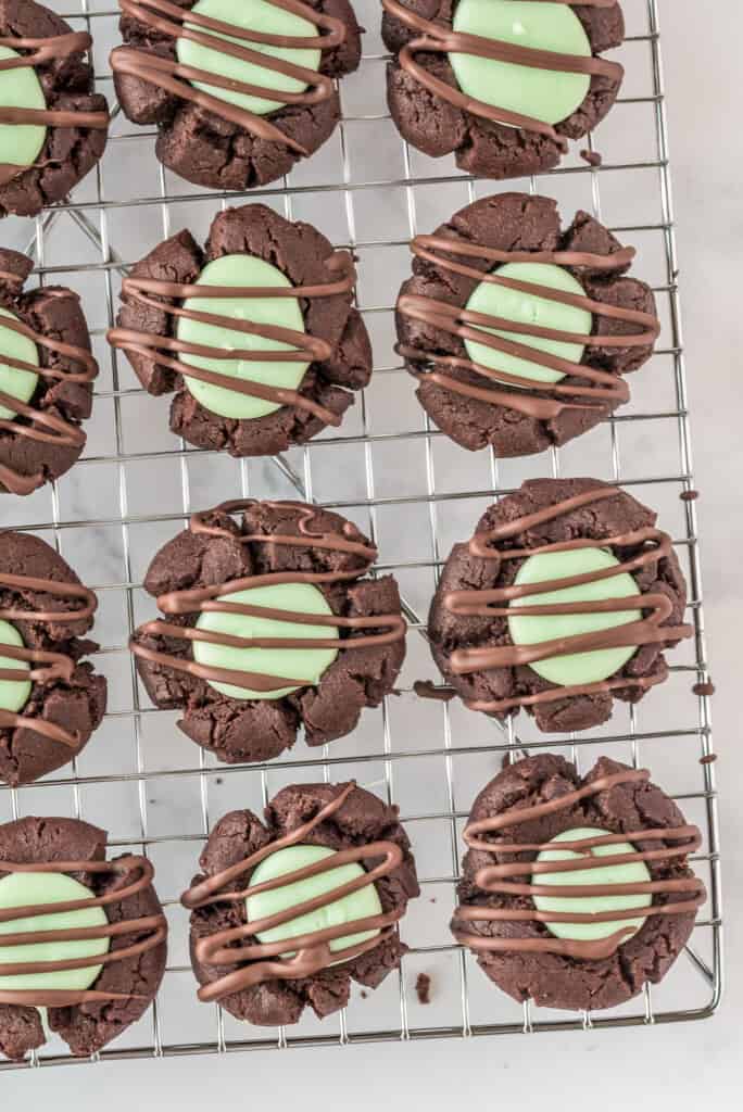 Chocolate Mint Thumbprint Cookies on wire rack