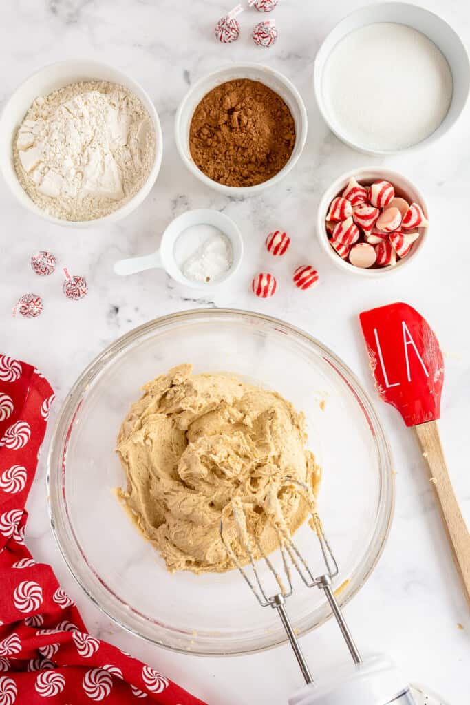 Glass mixing bowl with creamed cookie batter