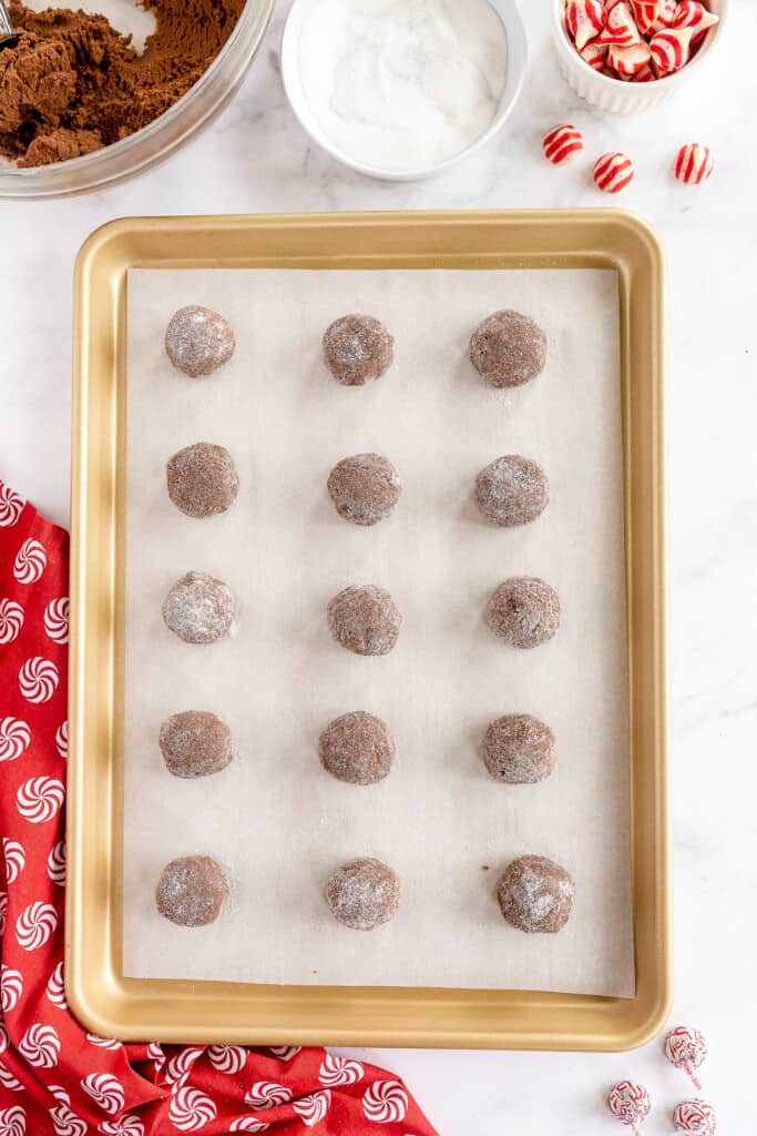 Chocolate cookie dough rolled in sugar on baking sheet