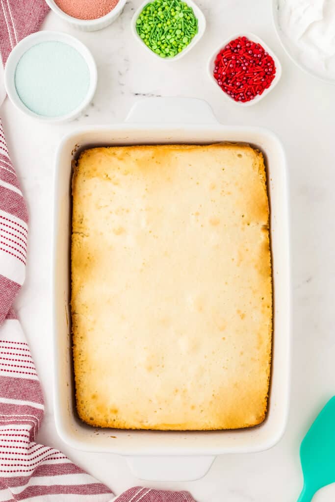 Overhead image of white cake in baking dish