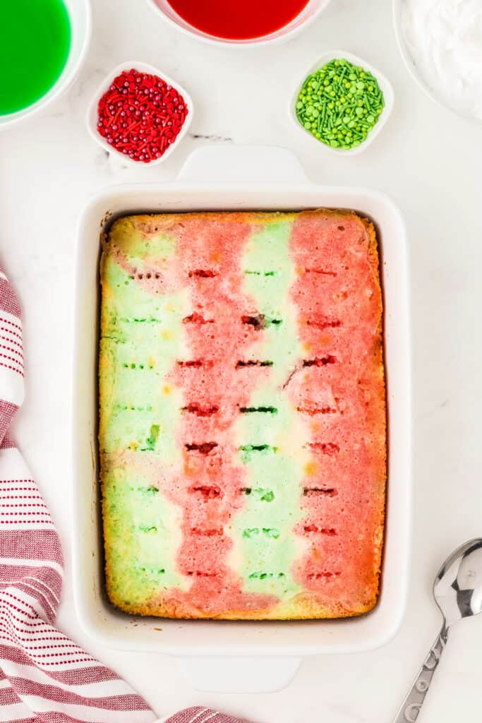 Red and Green Poke Cake from above before the topping