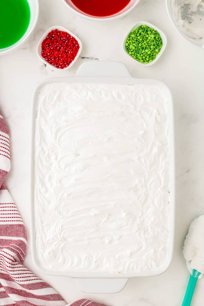 Overhead image of cake with whipped topping