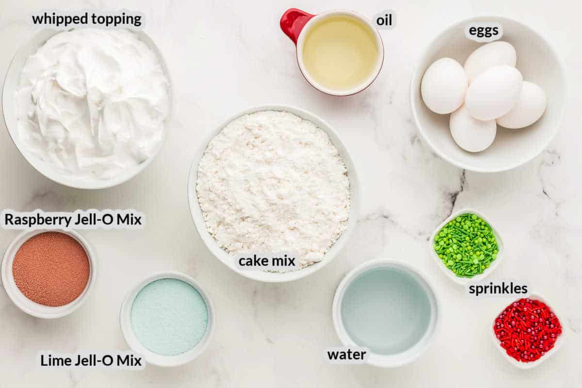 Overhead image of Christmas Poke Cake Ingredients