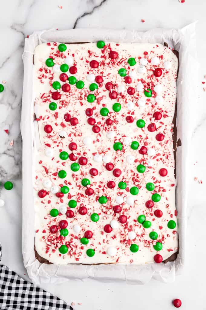 Overhead image of peppermint bark in sheet pan