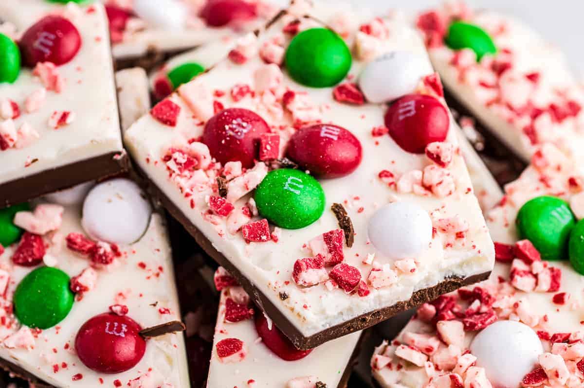 Close up of pieces of peppermint bark