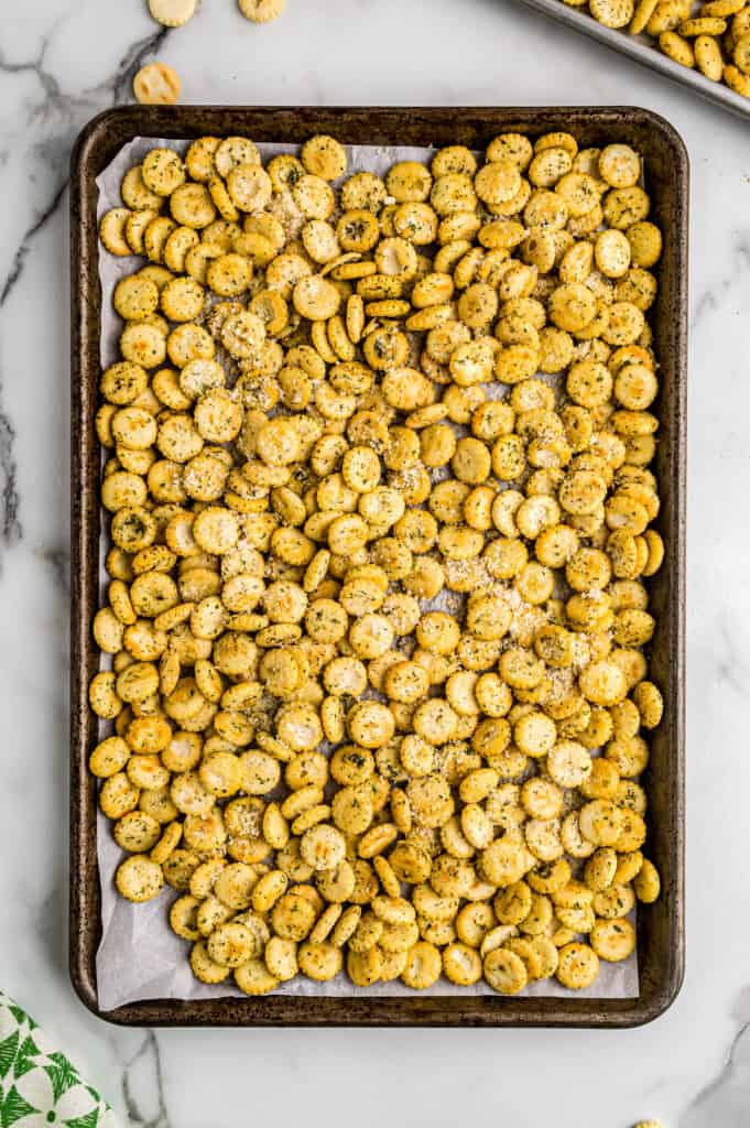 Overhead image of Ranch Oyster Crackers on sheet pan