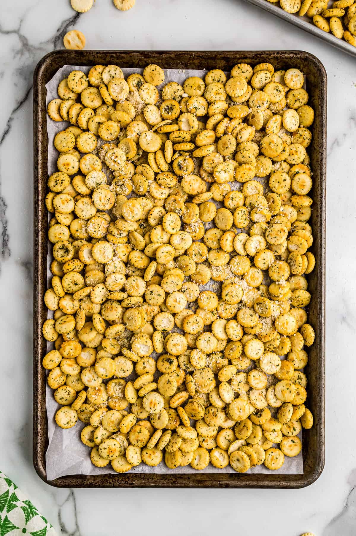 Overhead image of Ranch Oyster Crackers on sheet pan