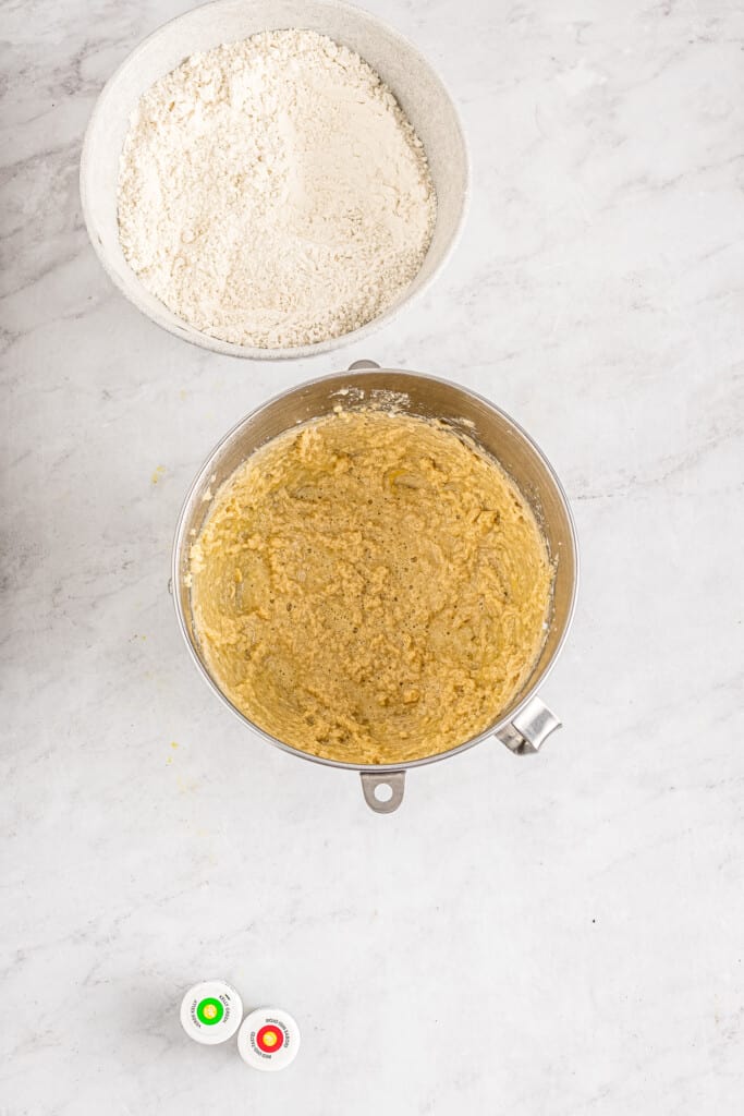 Overhead image of wet cookie ingredients mixed