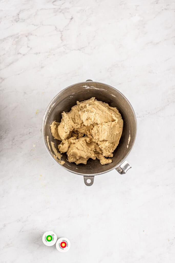 Overhead image of cookie dough in mixing bowl