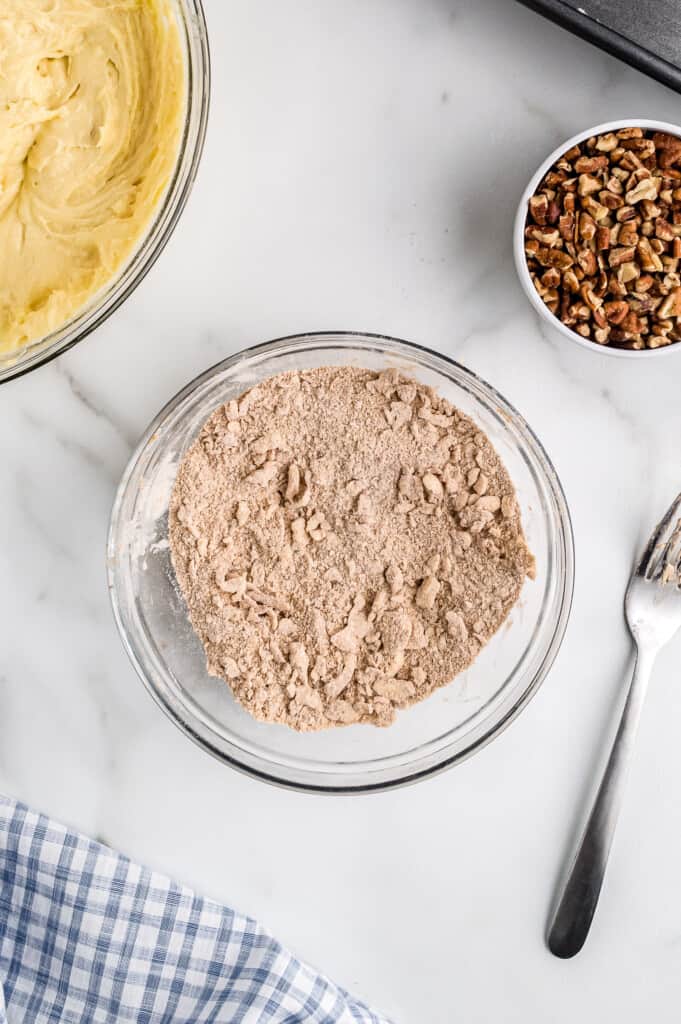 Overhead image of mixed cinnamon pecan topping