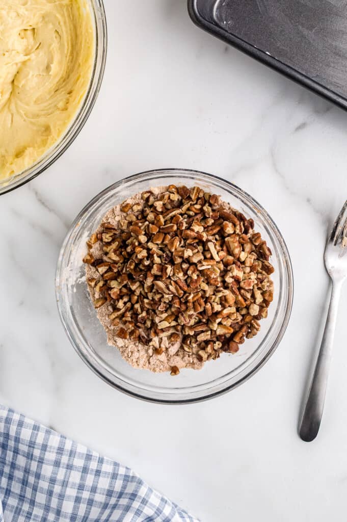 Overhead image of pecans in bowl