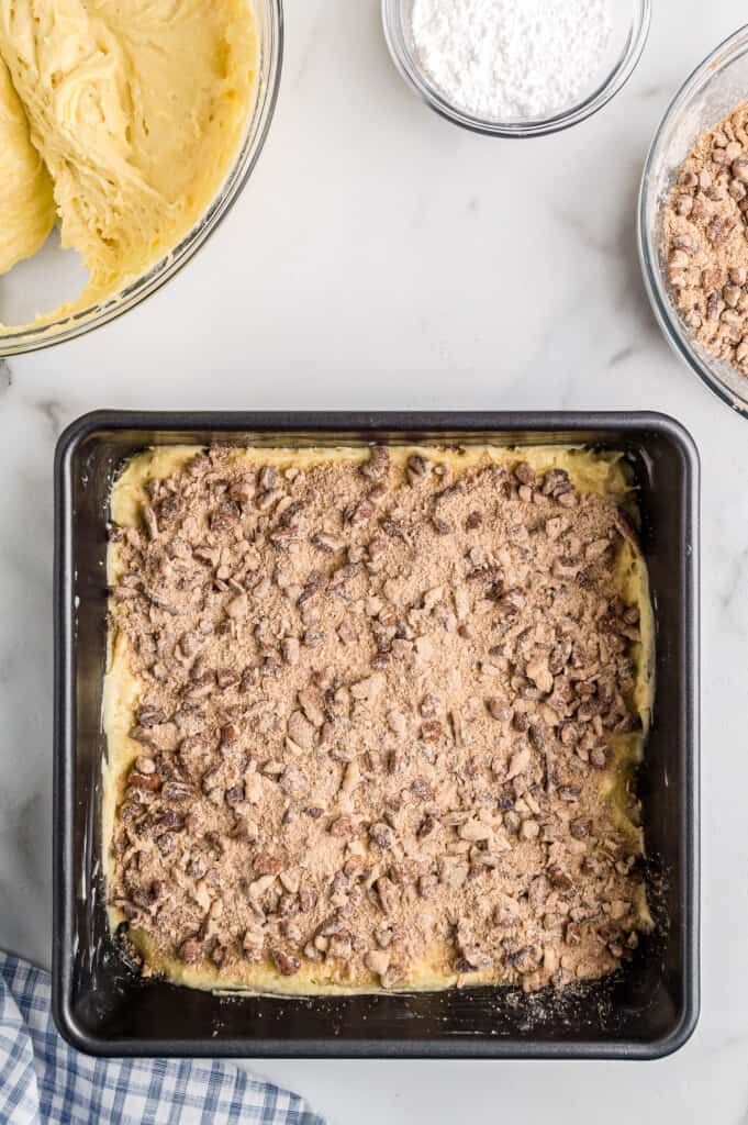 Overhead image of coffee cake filling in pan
