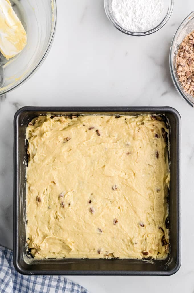 Overhead image of a pan of coffee cake batter