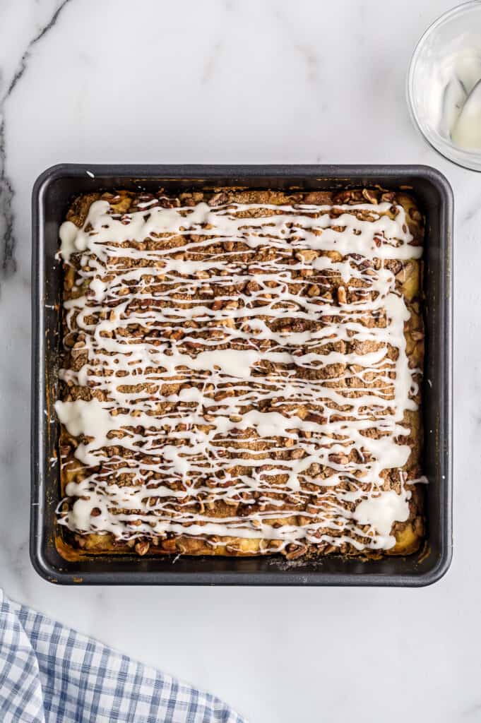 Overhead image of baked coffee cake with icing