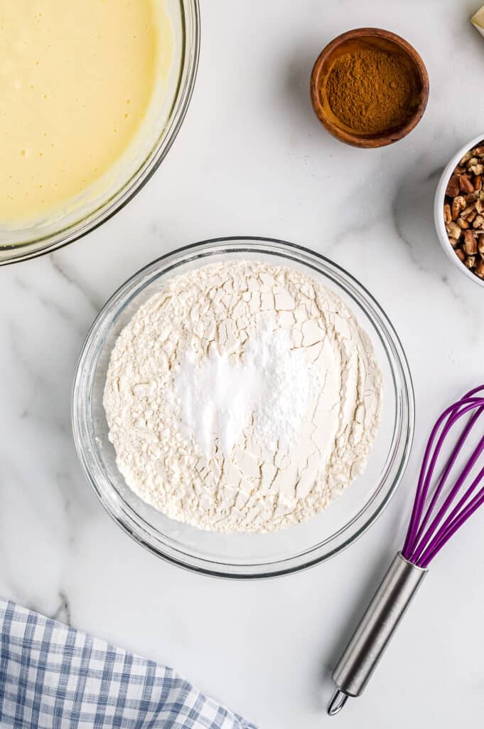 Overhead image of whisking dry ingredients together