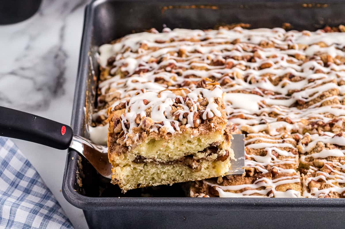 Sour Cream Coffee Cake piece on spatula