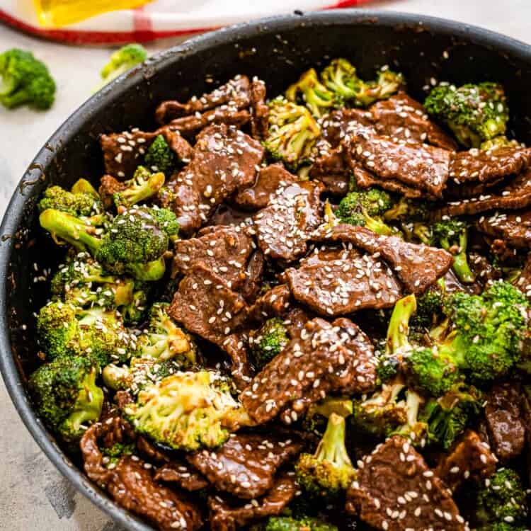 Skillet with prepared beef and broccoli