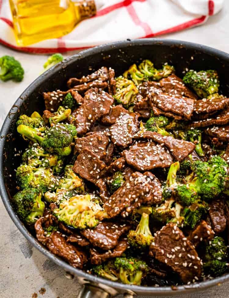 Skillet with prepared beef and broccoli