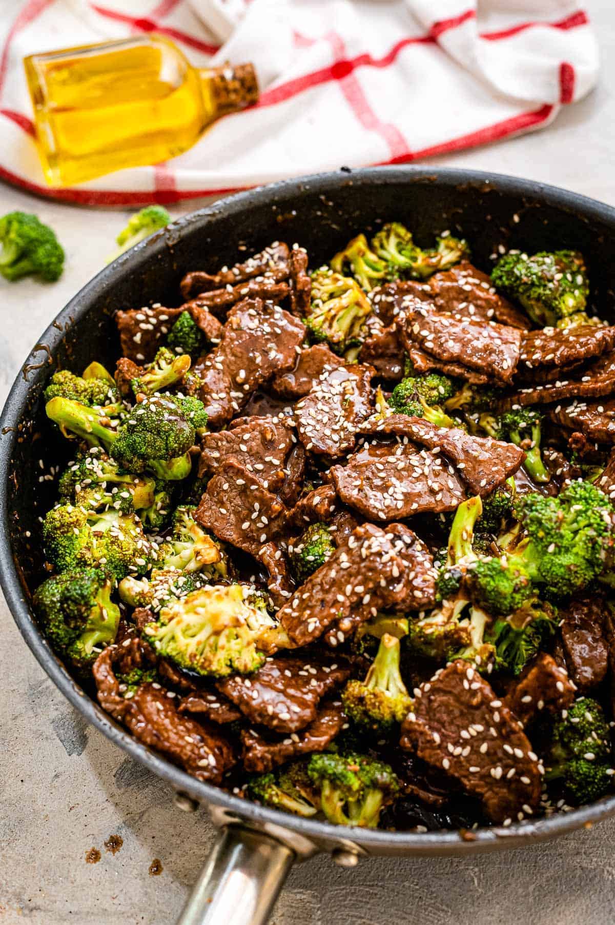 Skillet with prepared beef and broccoli