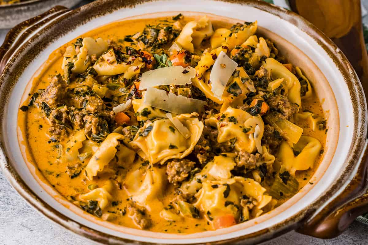 Bowl of creamy tortellini soup