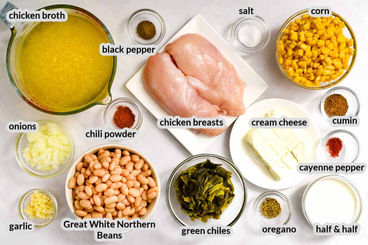 Crock Pot White Chicken Chili Ingredients in bowls