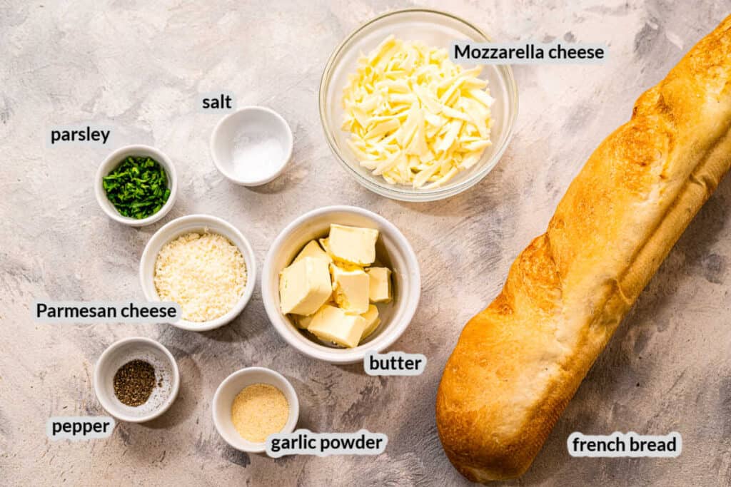 Overhead image of Air Fryer Cheesy Garlic Bread Ingredients