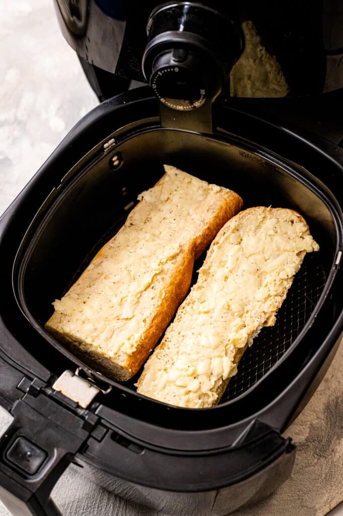 Air Fryer with French bread and garlic butter and cheese