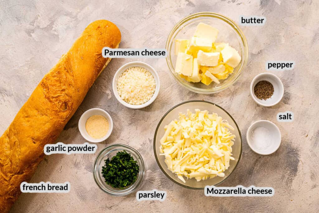 Overhead image of Cheesy Garlic Bread Ingredients