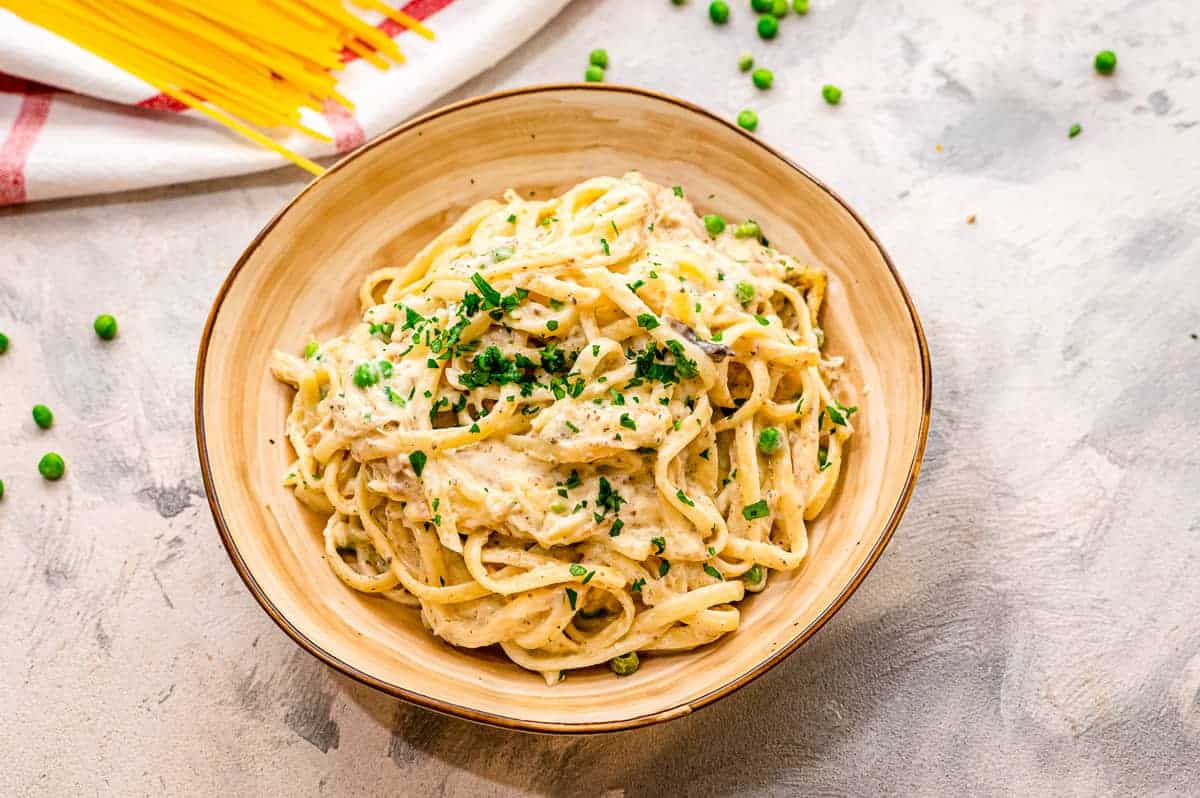 Chicken Tetrazzini in a bowl with parsley