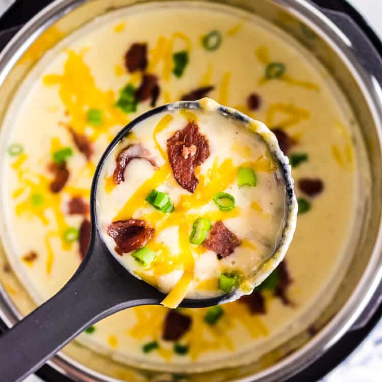 Ladle with potato soup in it
