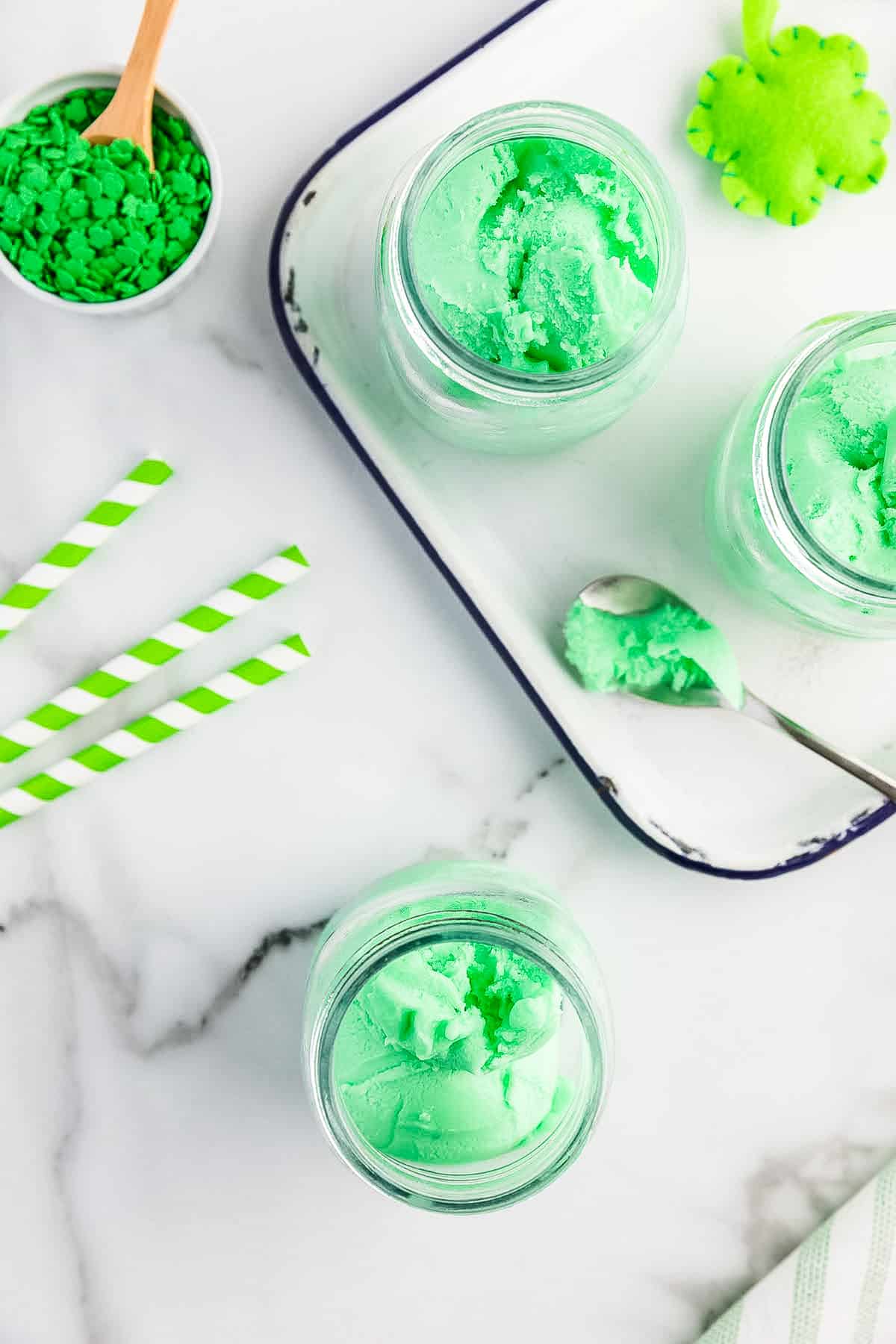 Overhead image of lime sherbet in mason jar