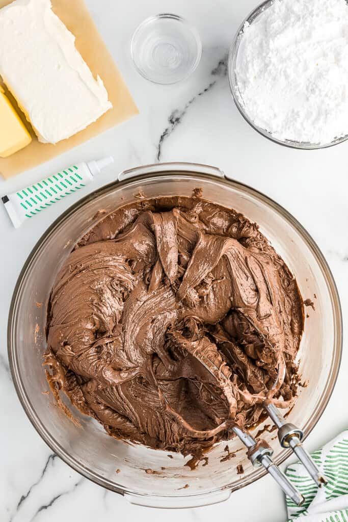 Mixing bowl with ingredients to make chocolate brownie cookies after mixing