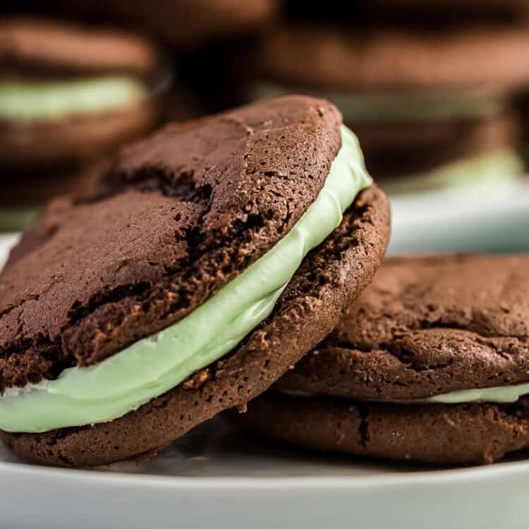 Mint Chocolate Sandwich Cookies on white plate