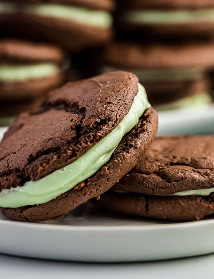 Mint Chocolate Sandwich Cookies on white plate