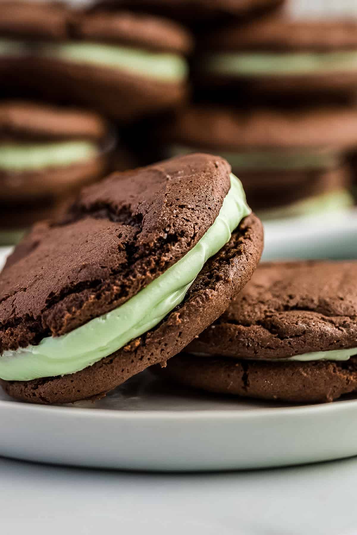 Mint Chocolate Sandwich Cookies on white plate