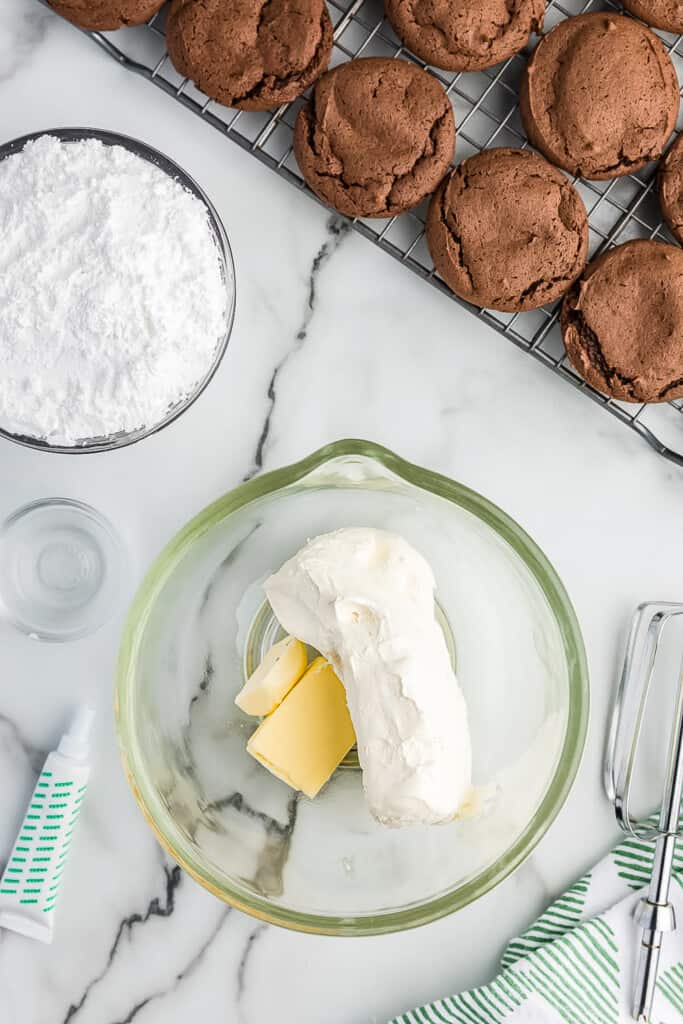 Mixing bowl with butter and cream cheese before mixing