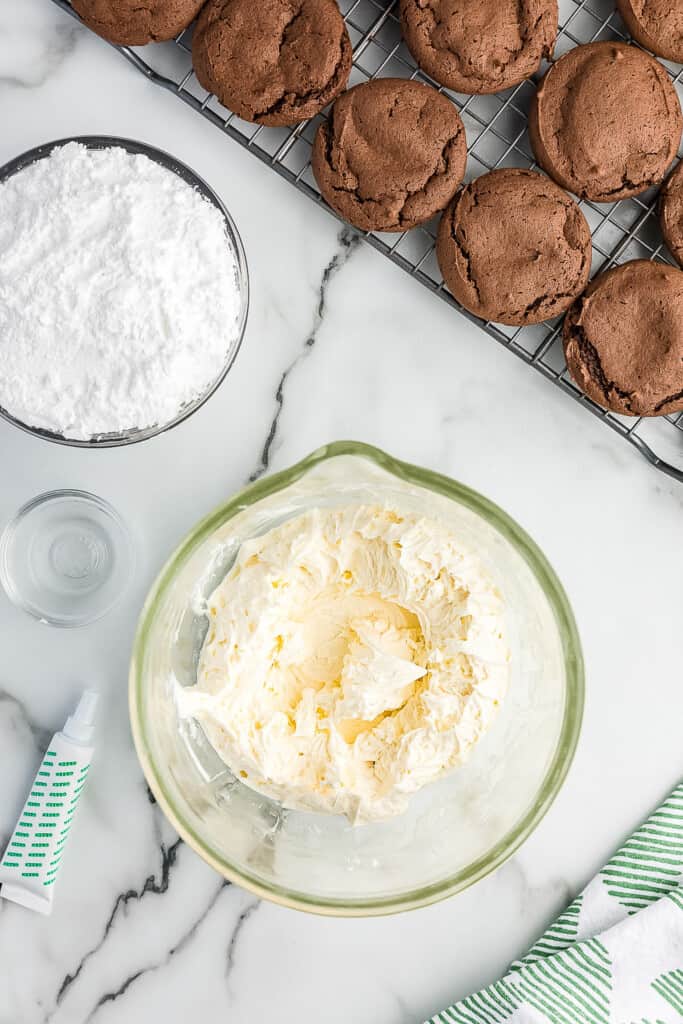 Mixing bowl with butter and cream cheese after mixing