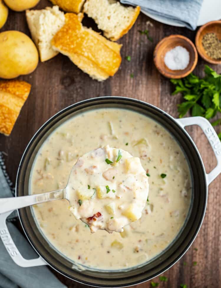 Ladle full of New England Clam Chowder