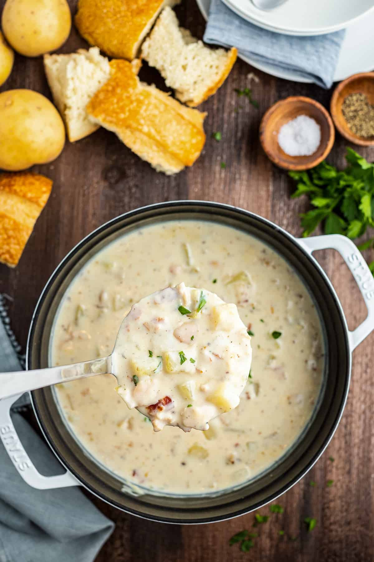 Ladle full of New England Clam Chowder