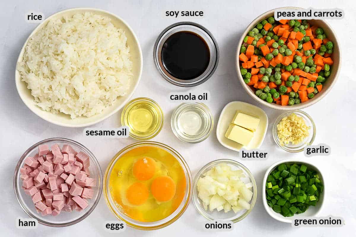 Overhead Image of Ham Fried Rice Ingredients