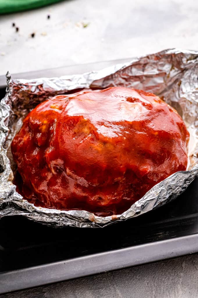 Meatloaf topped with sweet ketchup sauce