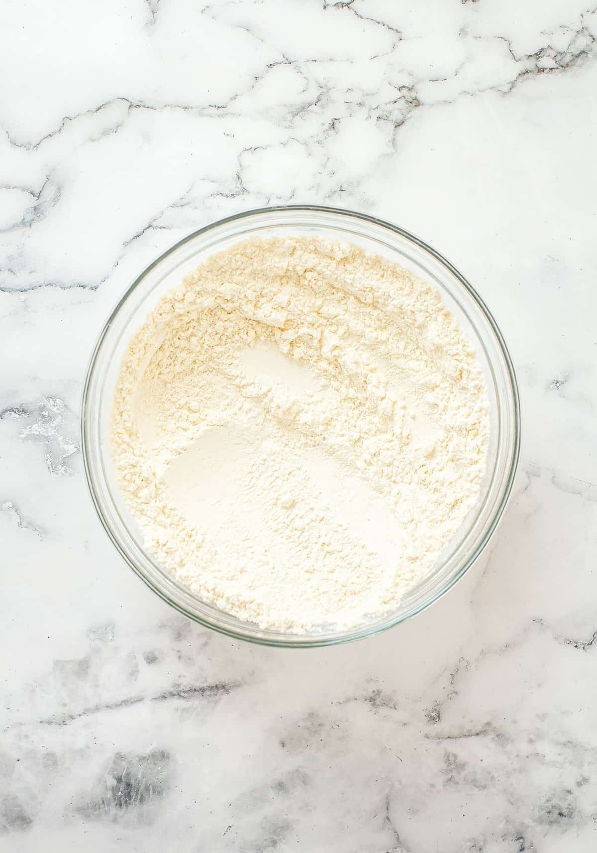 Overhead image of dry ingredients for muffins