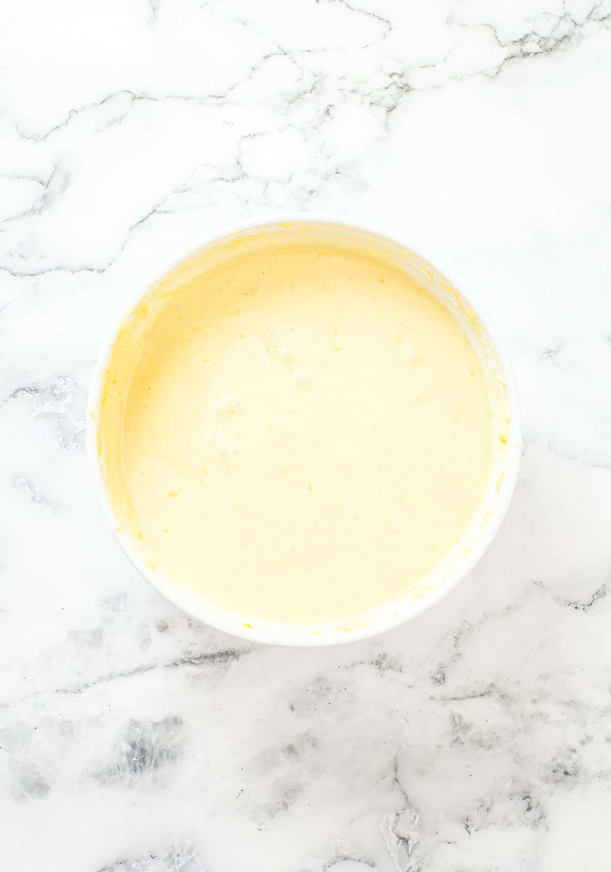 Overhead image of lemon muffin batter in bowl