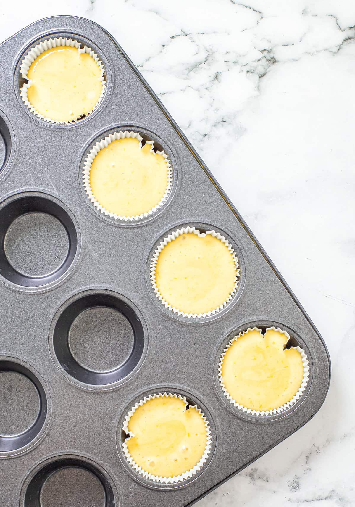 Overhead image of muffin batter in pan